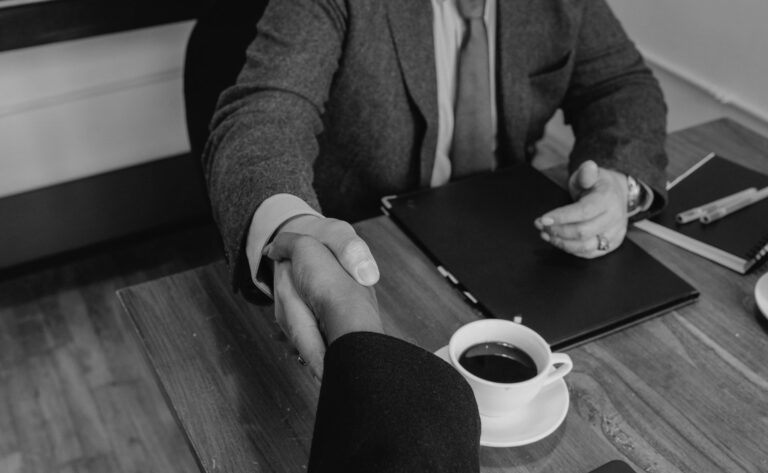 Two persons shaking hands during a business meeting