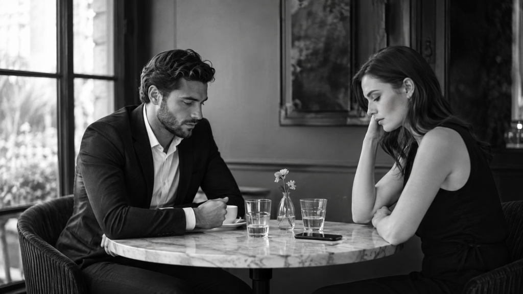 Black-and-white photograph of a man and woman sitting across from each other at a café table, both appearing emotionally distant, with a smartphone between them symbolizing the disconnect in modern dating.