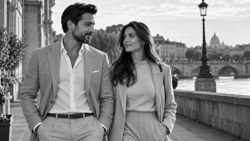 Elegant couple walking together along a European riverside promenade in summer, exchanging a warm look in a refined black-and-white editorial photograph.