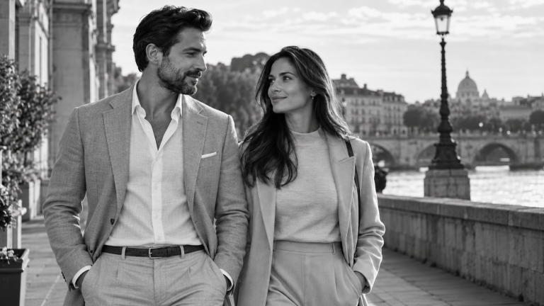 Elegant couple walking together along a European riverside promenade in summer, exchanging a warm look in a refined black-and-white editorial photograph.