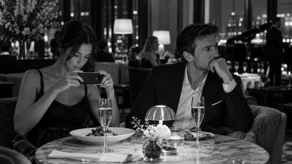 Black-and-white photograph of an elegantly dressed couple at a refined restaurant. The woman photographs the table with her phone while the man looks away, appearing emotionally distant.